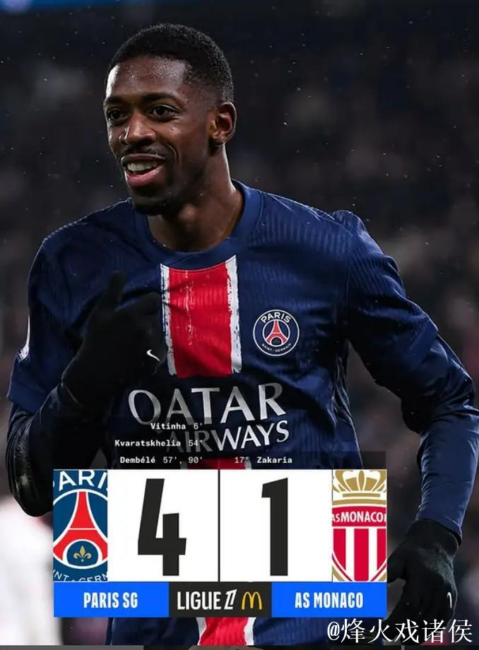 法甲-登贝莱梅开二度 巴黎4-1摩纳哥13分领跑