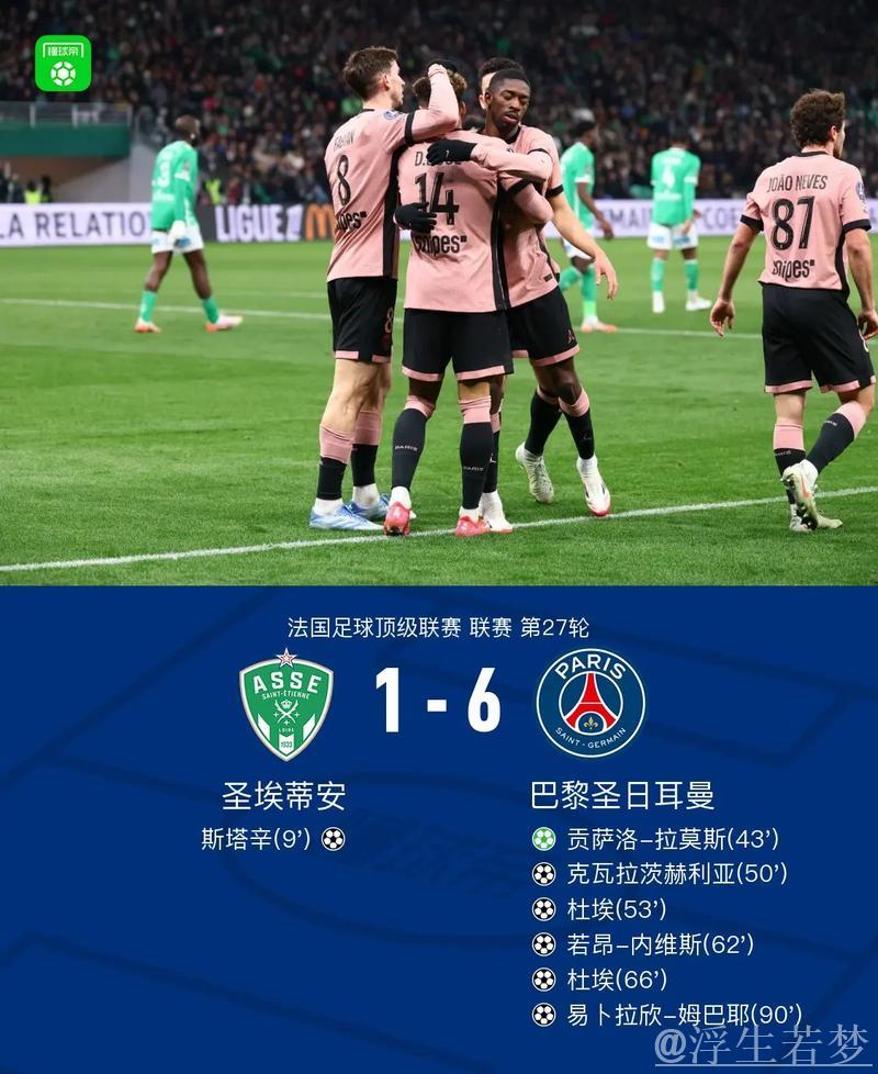 巴黎6-1大胜圣埃蒂安,杜埃双响K77建功,22分优势步入夺冠轨道 巴黎6-1大胜圣埃蒂安,杜埃双响K77建功,22分优势步入夺冠轨道